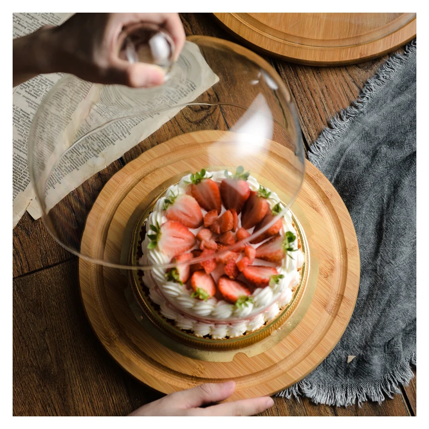 High Quality Multiple Size Natural Wooden Bamboo Cheese Board with Cake Glass Dome