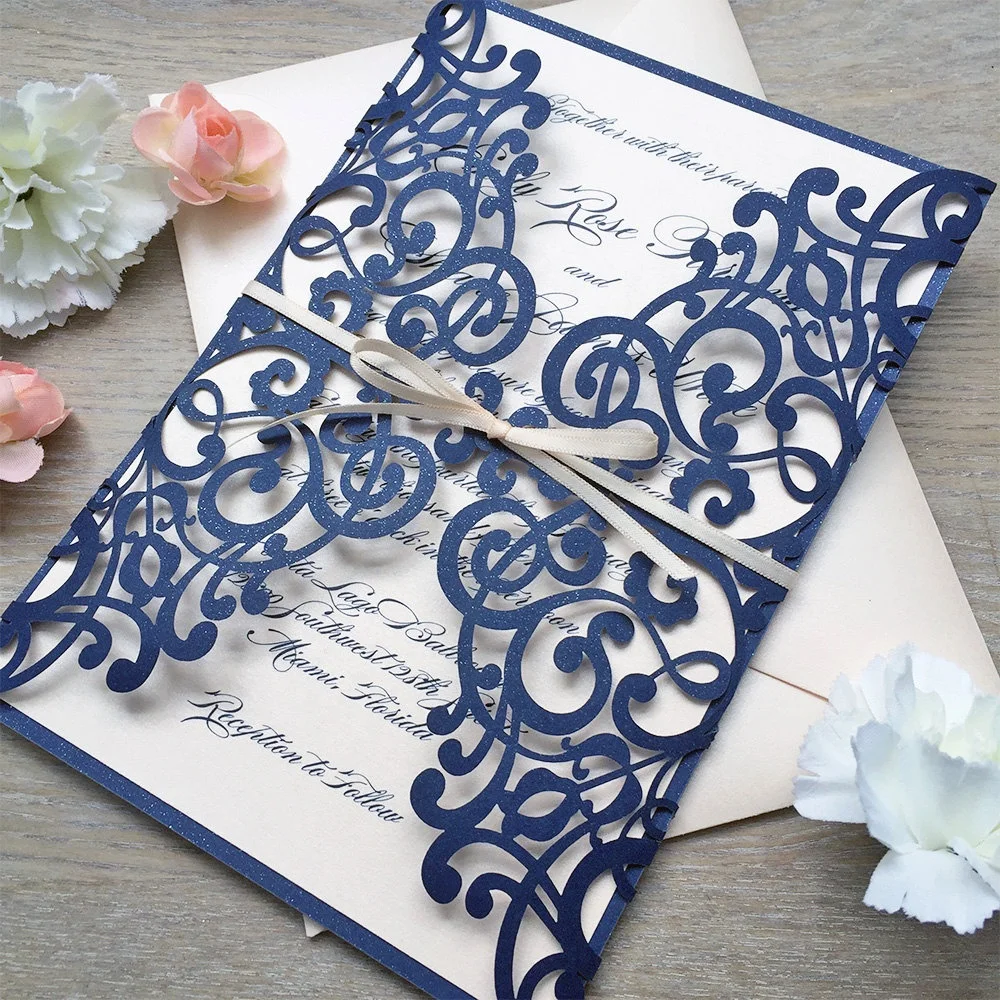 Wholesale Cheap Unique DIY Navy Laser Die Cut Wedding Invitation with Satin and custom laser invitation cards