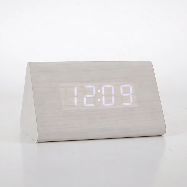 KH-WC006 Student Gift Small LED Digital Voice Control Desk Triangle Wooden Alarm Clock
