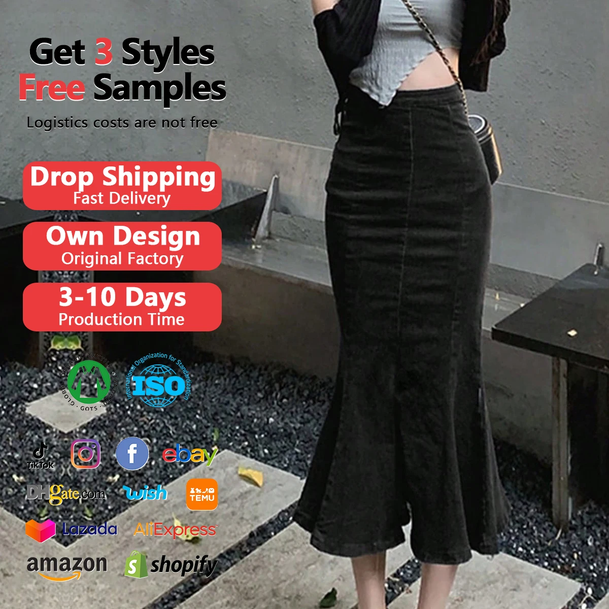 Free Sample Women High Waisted Slimming Jean Skirt Black Long Irregular Half-Body Fishtail Front Side Slit Jean Denim Skirt