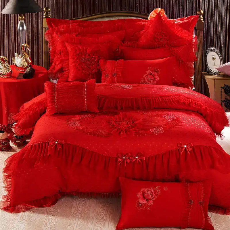Red Wedding Duvet Bedding Set King Size Silk Quilt Comforter Bed Sheet Crib Bedding Sets Wholesale