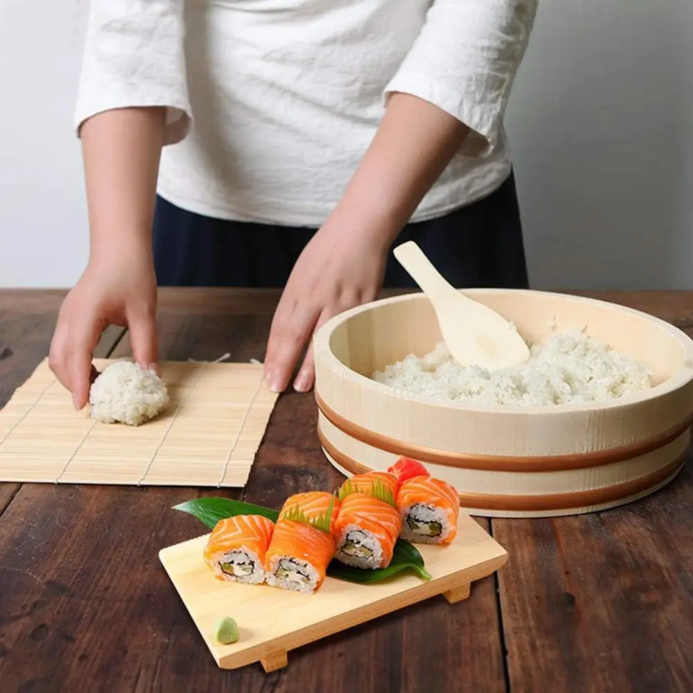 11.8 Inch Round Pine Wooden Sushi Rice Bowl Hangiri Sushi Oke Rice Mixing Tub Bucket