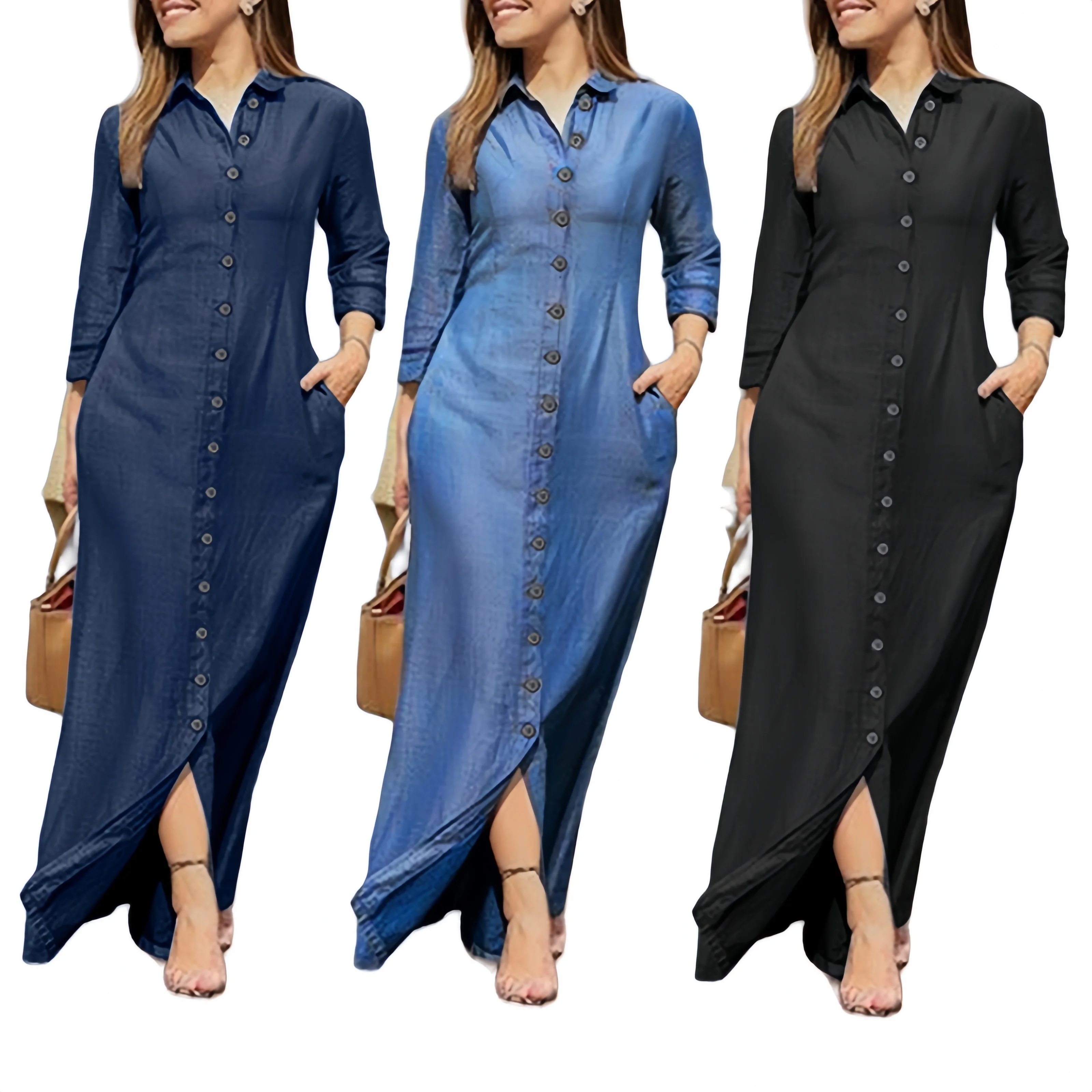 New Women Denim Shirt Dress Button Up Pocketed Maxi Dress Plus Size 5XL Female Casual Solid Long Dresses