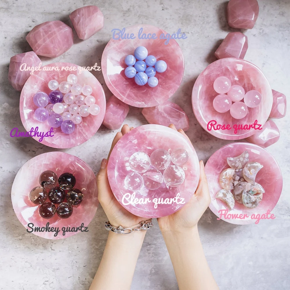Wholesale natural crystal carving healing folk crafts dark pink rose quartz crystal round bowl