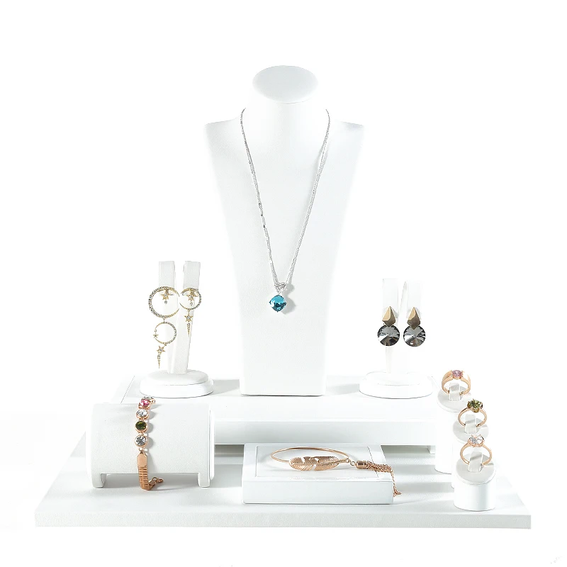 DIGU PU leather luxury rings earrings necklace bust display stand sets white mannequin  jewelry necklace display bust