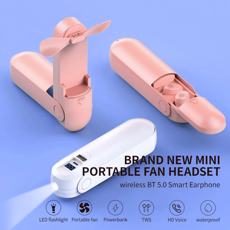 
2021 New Handheld Foldable Mini Fan Headphone Wireless Earphone With LED Flashlight 