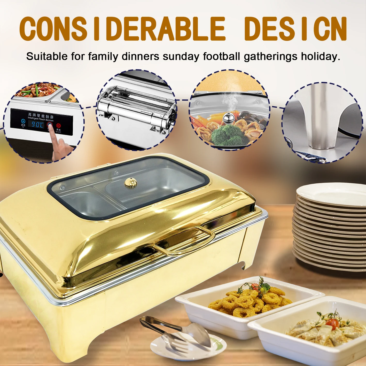 YITIAN Party Wedding Restaurant Hotel Buffet With Luxurious Gold Stainless Steel Arc Cover Stove Heating Device