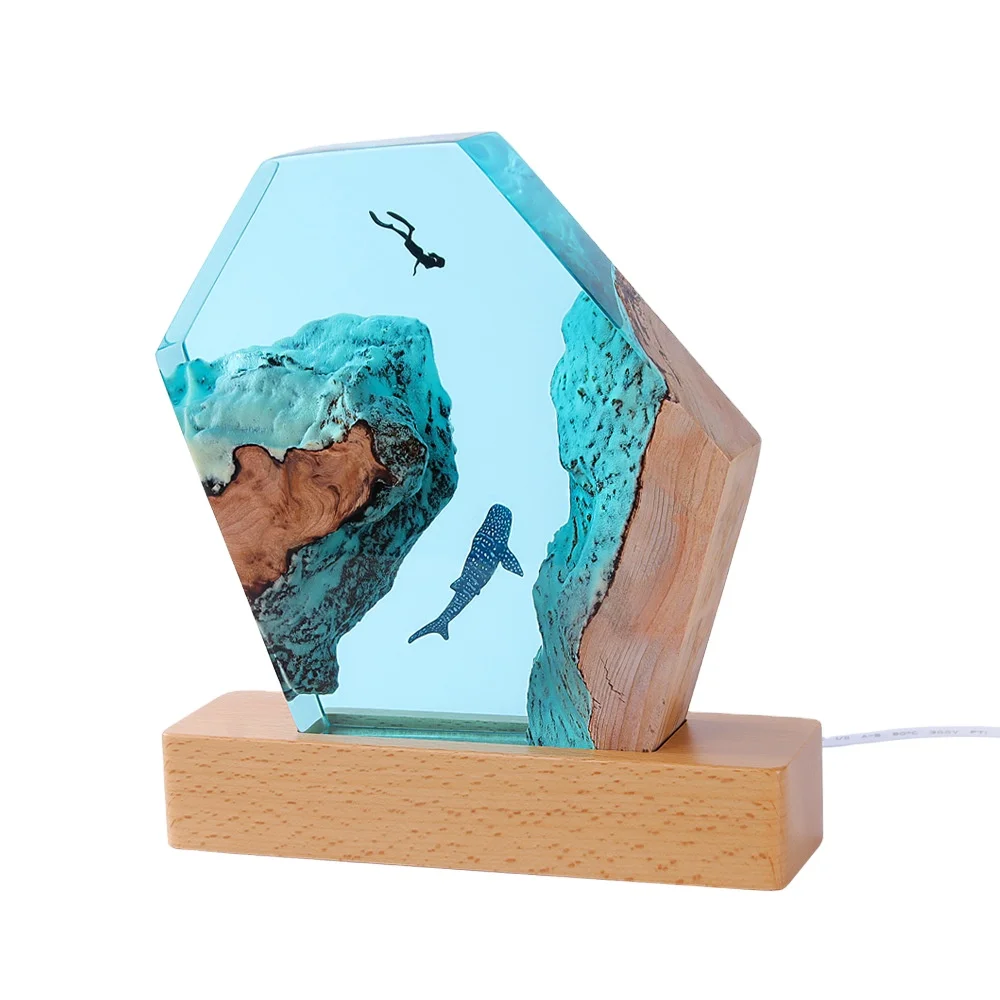 Hot selling underwater world theme epoxy resin wood decoration night light lamp for your loved ones unique handmade custom gifts