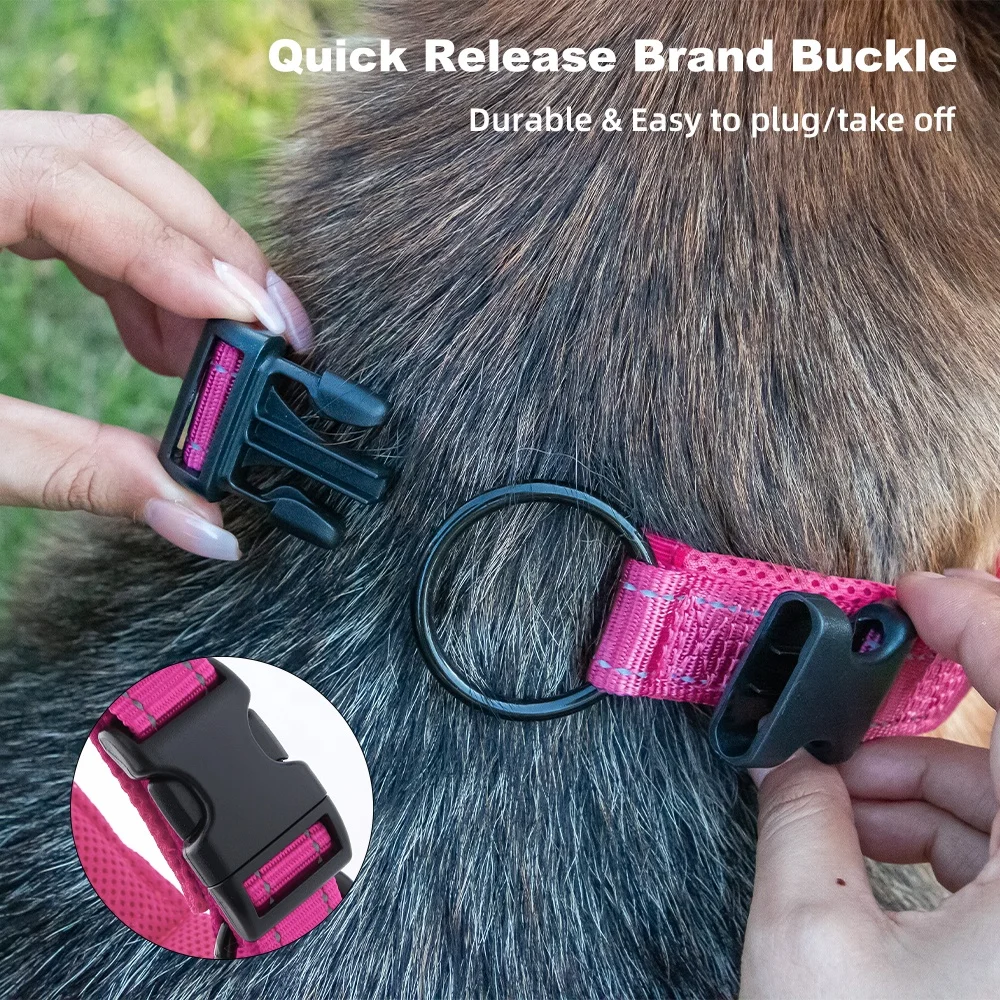 100% Pure Nylon Reflective Adjustable Pet Neck Collar Lead Heavy Duty O-Ring Style Pet Dog Collar With Comfortable Mesh Padding