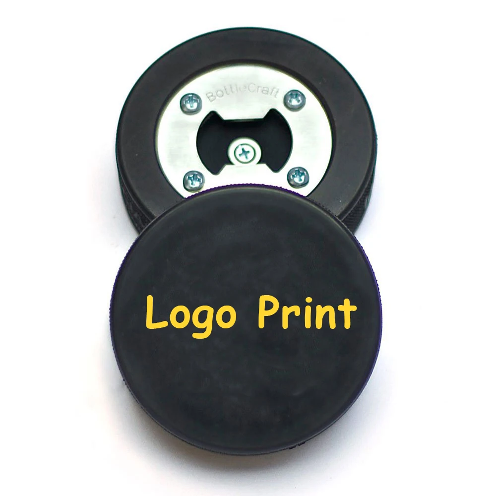wholesale custom Rubber and stainless steel Ice hockey Puck beer opener durable bottle opener