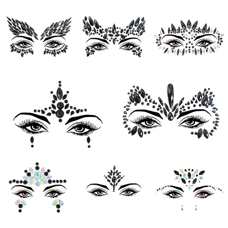 Hisenlee Black Rhinestone Face Jewels Tattoo Body Stickers Crystal Tears Gem Stones Self-Adhesive Temporary Stickers