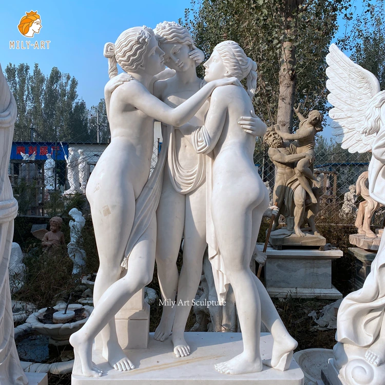 Hand Carved Classic White Marble Three Beautiful God Lady Statue Sculpture for Sale