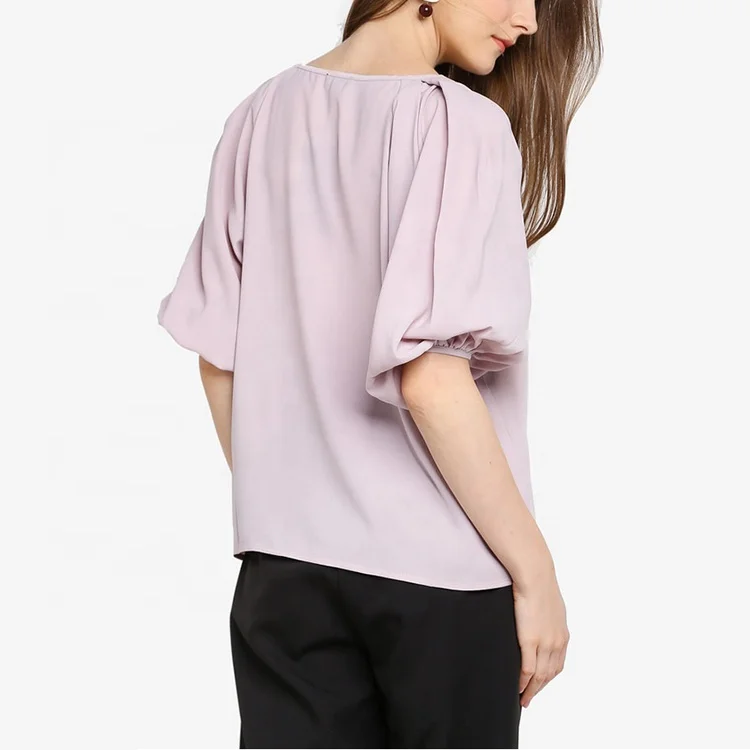 
OEM Latest Fashion Casual Loose Pullover Round Neck Solid tone blouse with pleated sleeves Ladies Top 