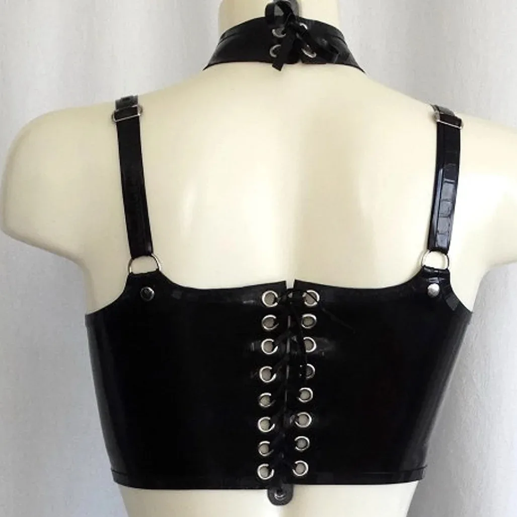 Sexy Black Latex Shirt Top Blouse Ruffles Neck with Front Press Stud