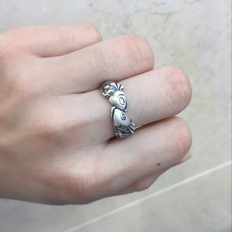 Retro Thai silver 925 sterling silver small goldfish Double fish ring 2022 new versatile girl favorite