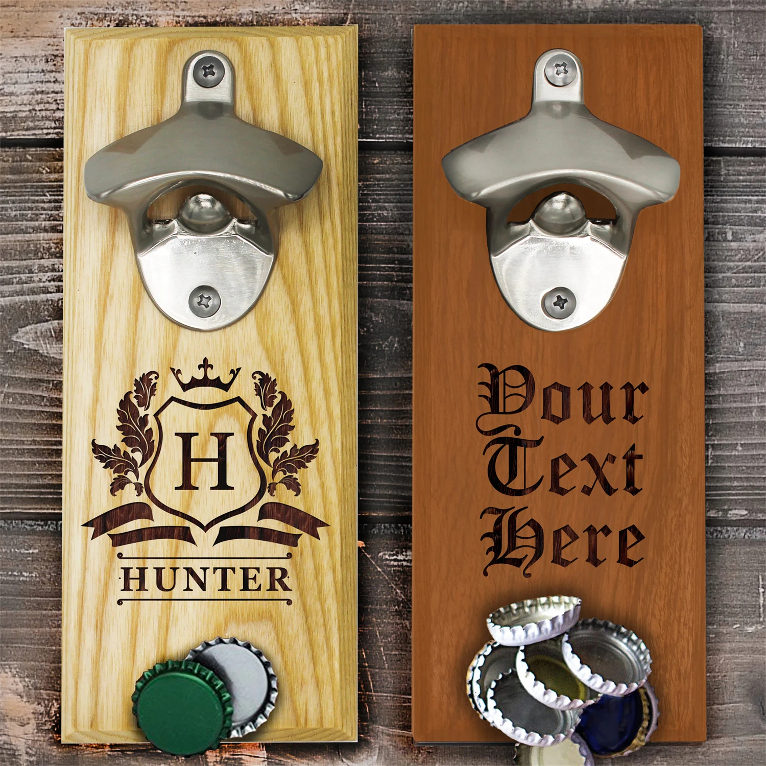 Factory Wholesale Handmade Cap Catcher Bottle Personalise Magnetic Engraved Gifts Wall Mount Wooden Beer Opener