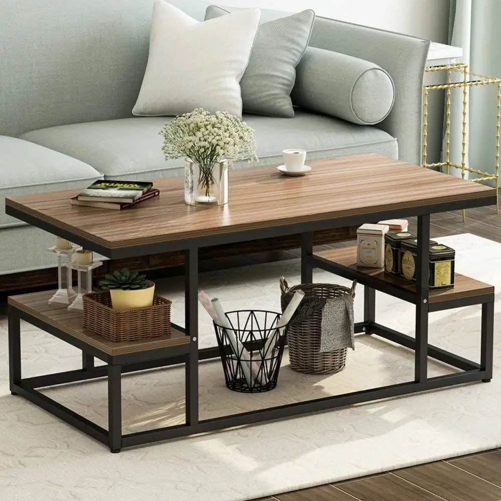 Wooden Furniture Table Industrial Metal Frame with Open Storage Shelf Coffee Table for Living Room