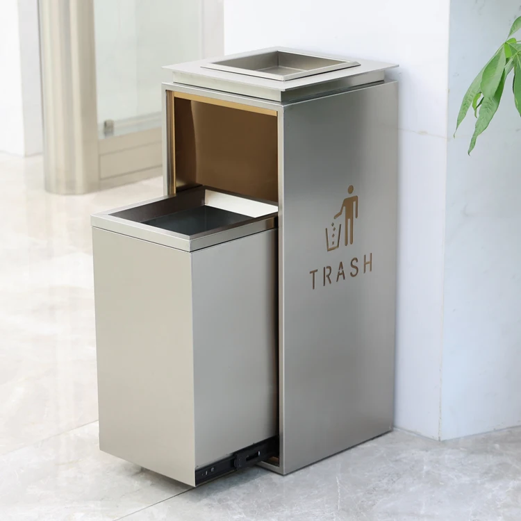 Stainless Steel Trash Can Metal Ashtray Push-Pull Waste Dust Bin for Outdoor Hotel Lobby Shopping Mall-for Garbage Management