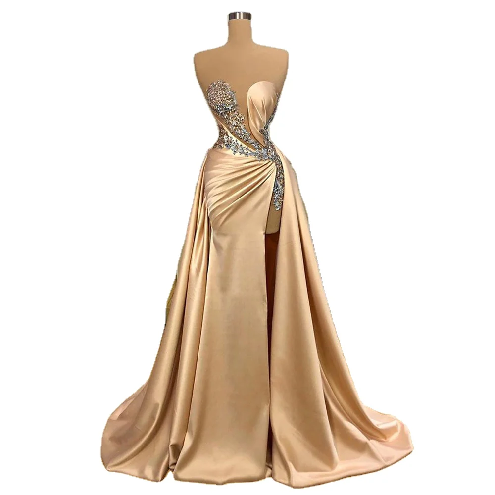 Custom Satin Beaded Strapless Catwalks High Slit Roupa Vestido Largo De Mujer Wedding Dress Gown Haute Couture Tailed Dress