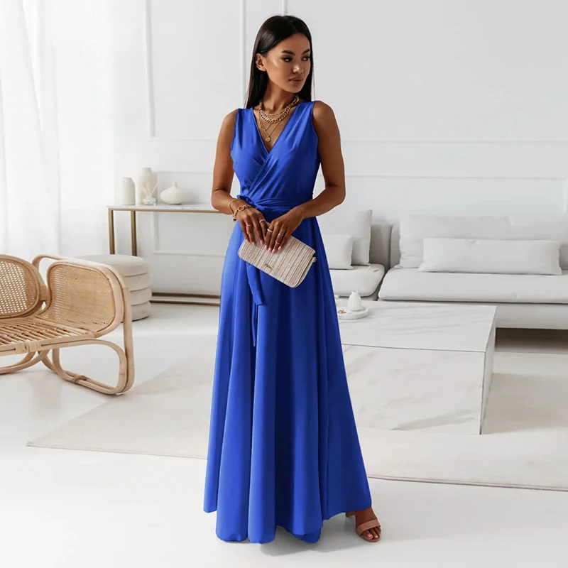 Plus Size Elegant Sexy Party Sleeveless Long Maxi Dresses Women Slim Sashes V-neck Ball Gown Pink Dress New Fashion Sundress