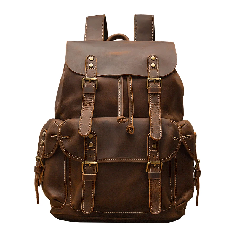 Vintage Handmade Genuine Leather Backpack For Men Retro Crazy Horse Leather Knapsack Cowhide Large Capacity Bag Casual Rucksack