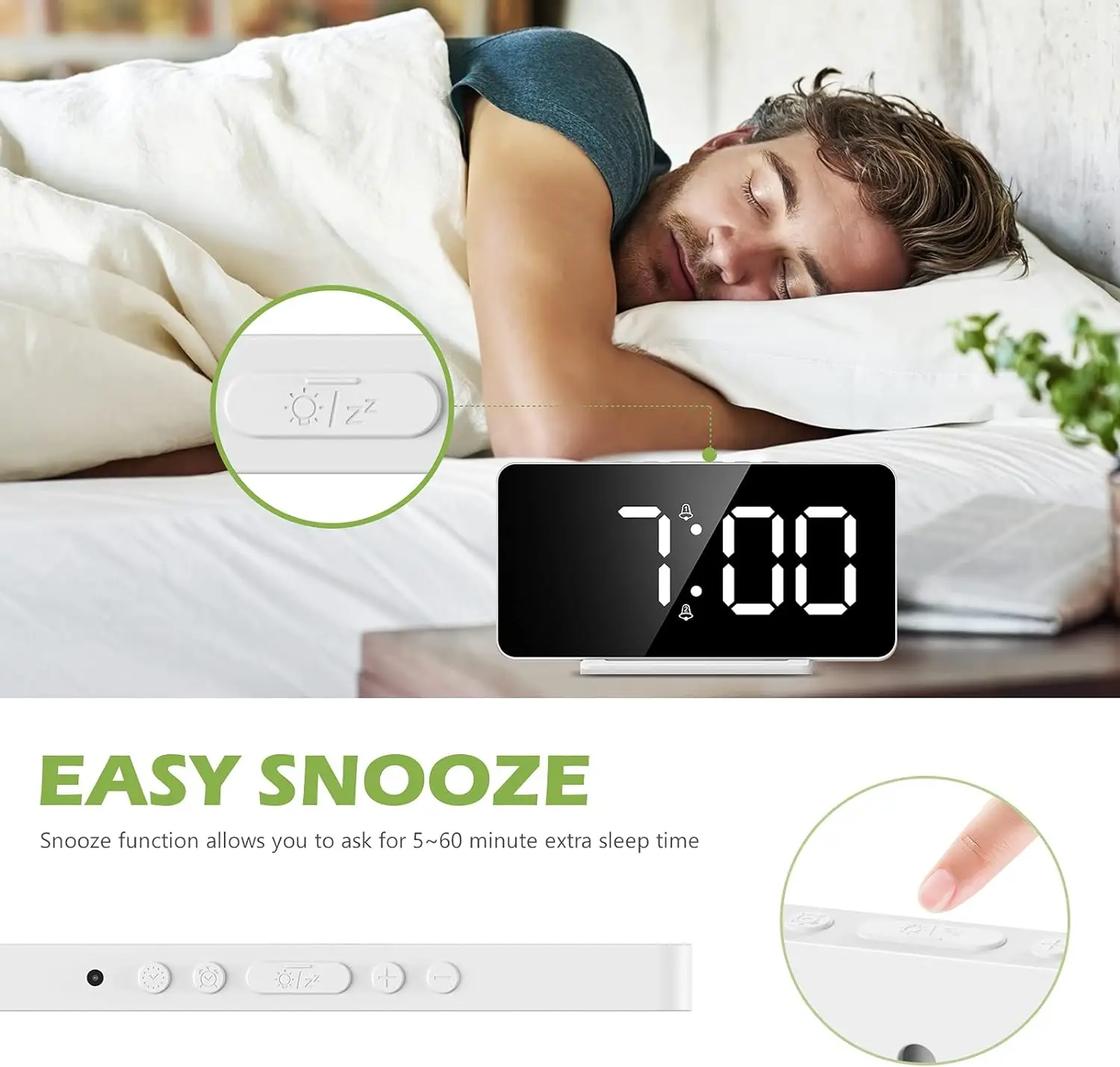USB Charging LED Mirror Digital Alarm Clock Snooze Table Clock Wake Up Mute Calendar Dimmable Electronic Desktop Clocks