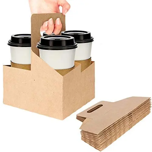 Customized take away hot sale paper cup carrier with handle to go tea kraft packing disposable coffee paper cup holder