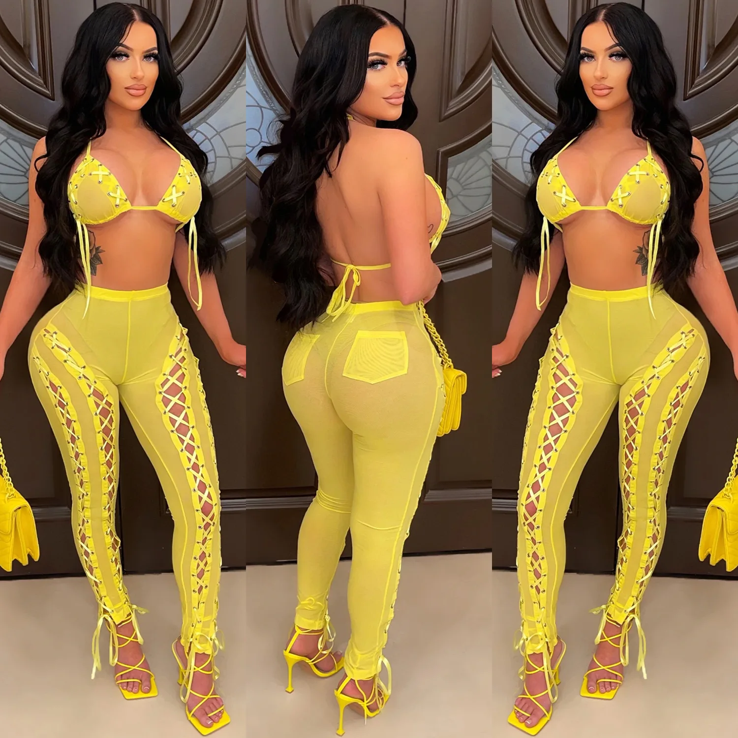 2022 Women Sexy Summer 2 Piece Pant Set Clothing Outfits Jogging Sets Casual Mesh Jumpsuits Two Piece Pant Set Outfits