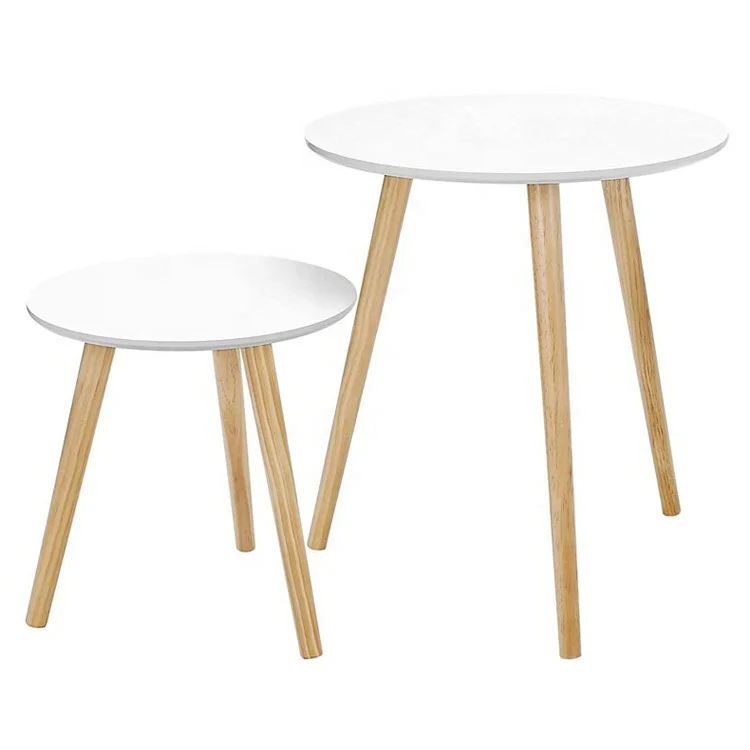 SONGMICS White Natural MDF Wooden Pine Set of 2 Living Room Round Nesting Side Scandinavian Coffee Table (1600200284646)