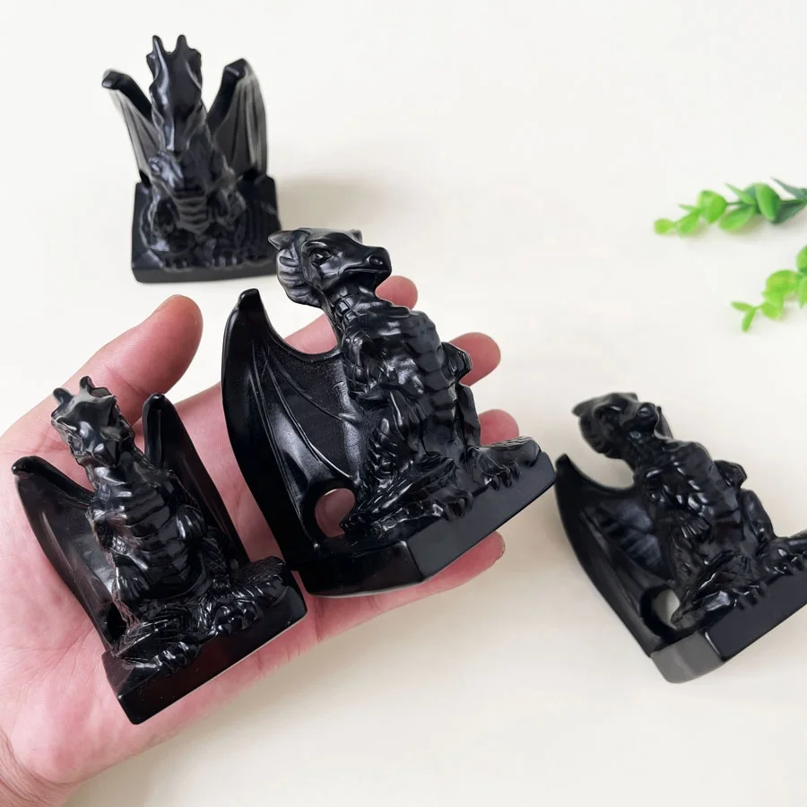 Natural Obsidian Flying Dragon Carved Quartz Crystal Dragon Statue Figures