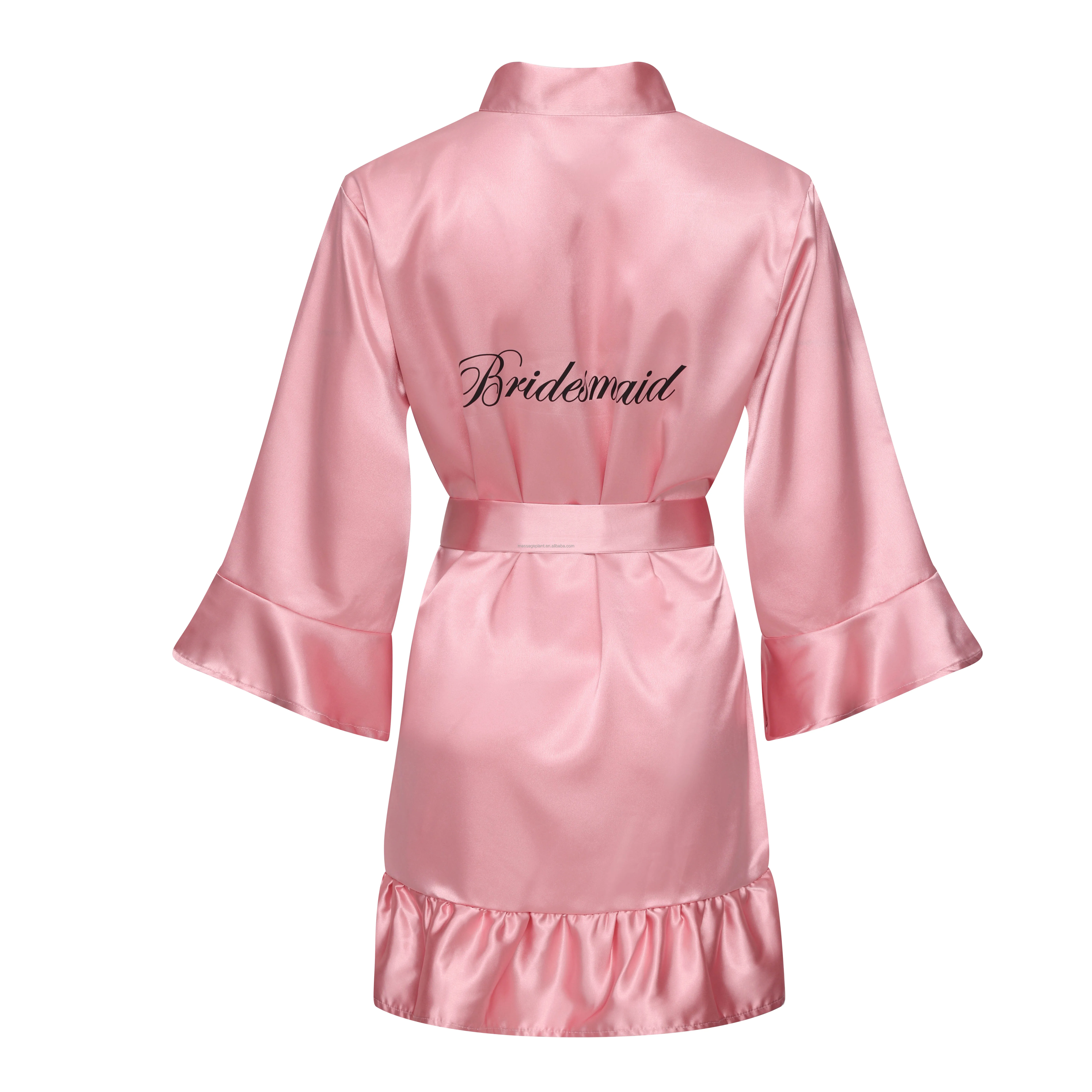 Custom Cheap Solid Bride Bridesmaid Keen Length Bridal Satin Kimono Ruffle Wedding Party Robe