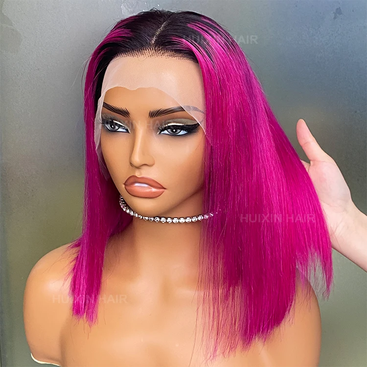 Brazilian Indian Malaysia 1b rose pink silky straight 13x4 transparent lace frontal bob wig 12A grade 100% Virgin Human Hair