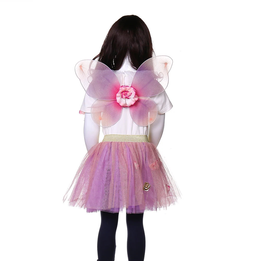 Pink purple gradient gauze dress with rose + butterfly wings + fairy stick tutu set for girls party tutu set
