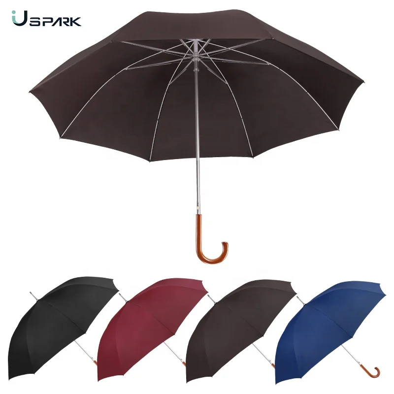 27 inch large size auto open fiberglass fram aluminium shaft lightweight J hook wooden handle stick straight rain umbrella