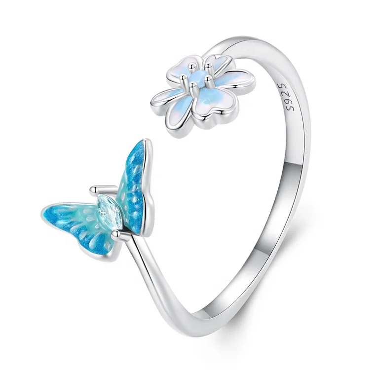 custom high quality fine jewelry flower wholesale ring proposal butterfly adjustable finger 925 silver rings for women