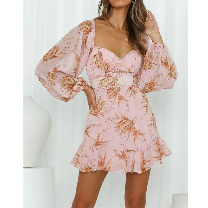 Женское летнее пляжное мини-платье с цветочным принтом, шифоновое платье с длинным рукавом в стиле бохо, повседневное облегающее пикантное платье с запахом и оборками, платье для вечеринки