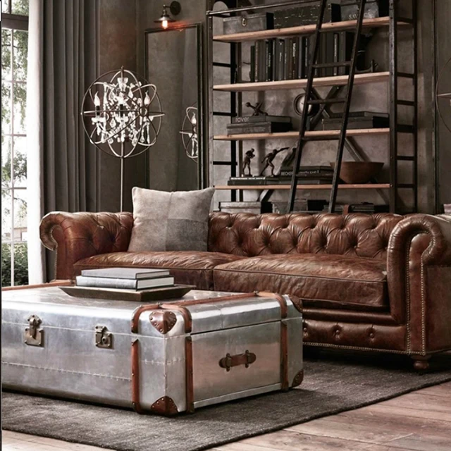 
American Modern Cheap 2-Seater Antique Tufted 100% Leather Sofa 