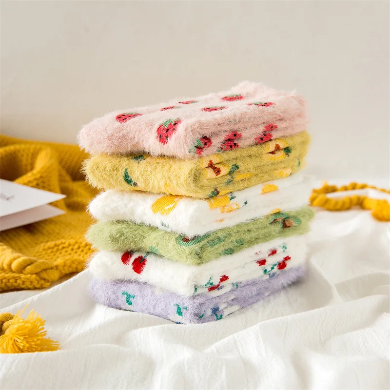 Winter Fancy Thick Warm Thermal Velvet Mink Fleece Fluffy Fuzzy Soft Cozy Women Socks Lovely Fruits Avocado Women Socks