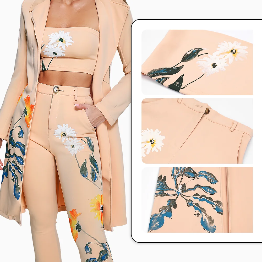 BEISHI Fashion Long Sleeve And Pants Flower Floral Print Three Piece Set Womens Suits And Blazer Ladies Suits Office Wear