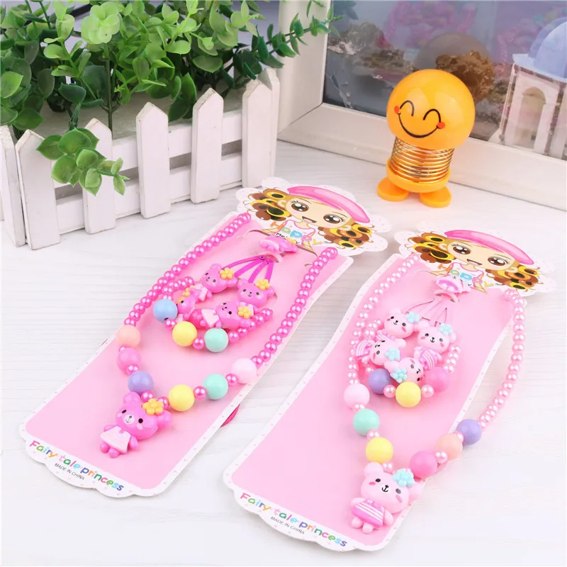 Kids girls pearl beaded necklace ring wholesale jewelry sets 5 PCS cute fashion princess jewelry