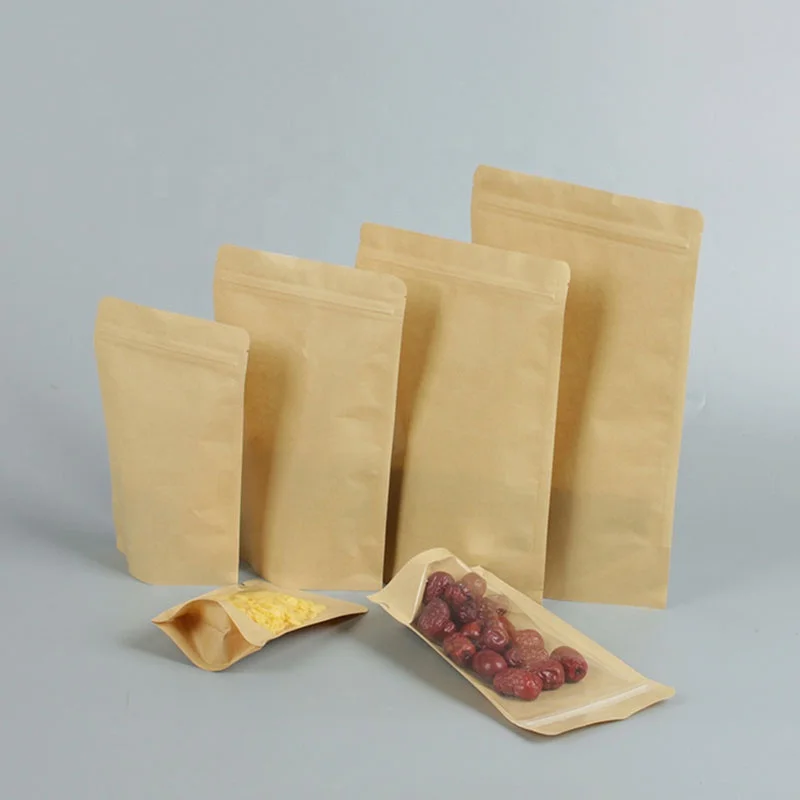 Customizable Kraft Paper Standing Bag Transparent Plastic Packaging Dried Fruit Tea Snacks Self Sealing Bag