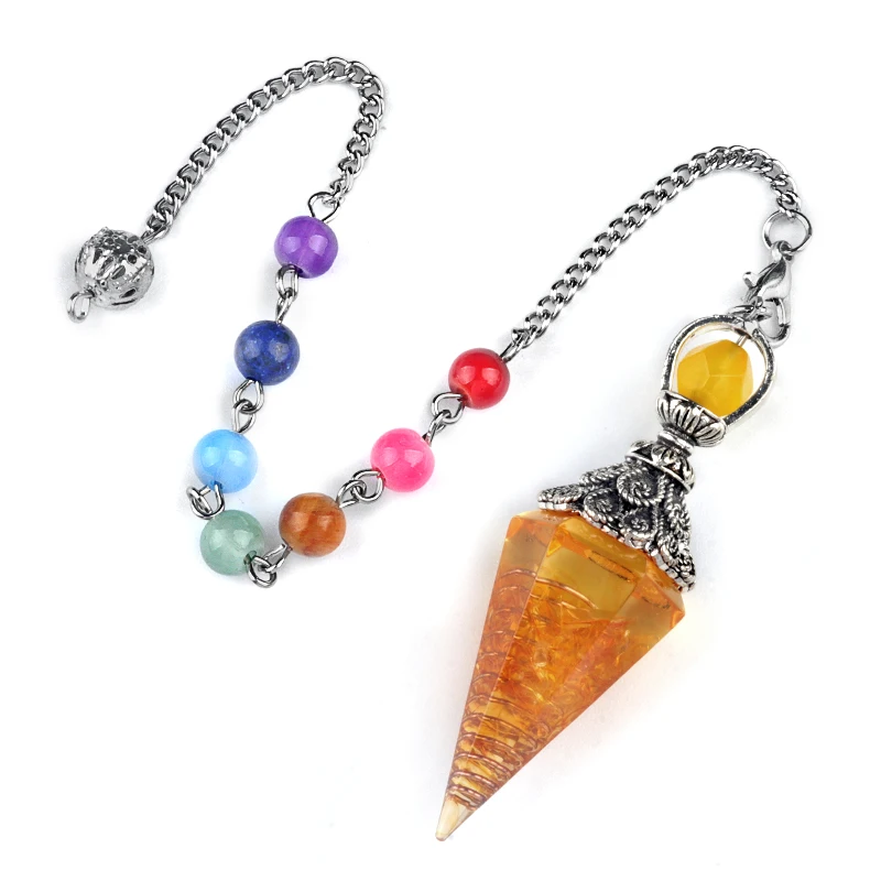 Antique Silver Colorful Spirit Pendulum Semi precious Stone Resin Orgone Pendant Hexagon Cone Pyramid Pendulum With Chain