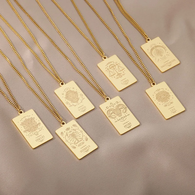 Stainless Steel 18K Gold Plated Necklaces 12 Horoscope Engraved Zodiac Tarot Cards Stamp Square Pendant Necklace Women Jewelry