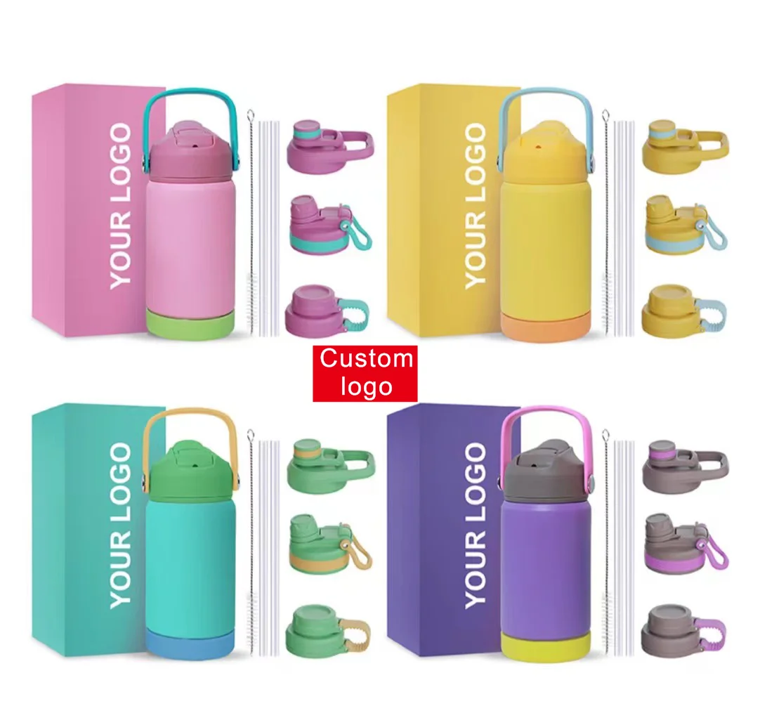 Customized Label Cartoon Cute Kid Water Tumbler Stainless Steel Travel Sport Double Wall Drink Bottle Handle Leak Proof