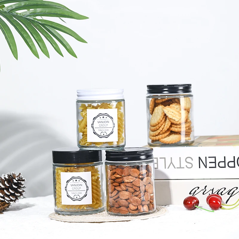 9 ounce Straight sided clear food safe glass jar peanut butter jar with black lid