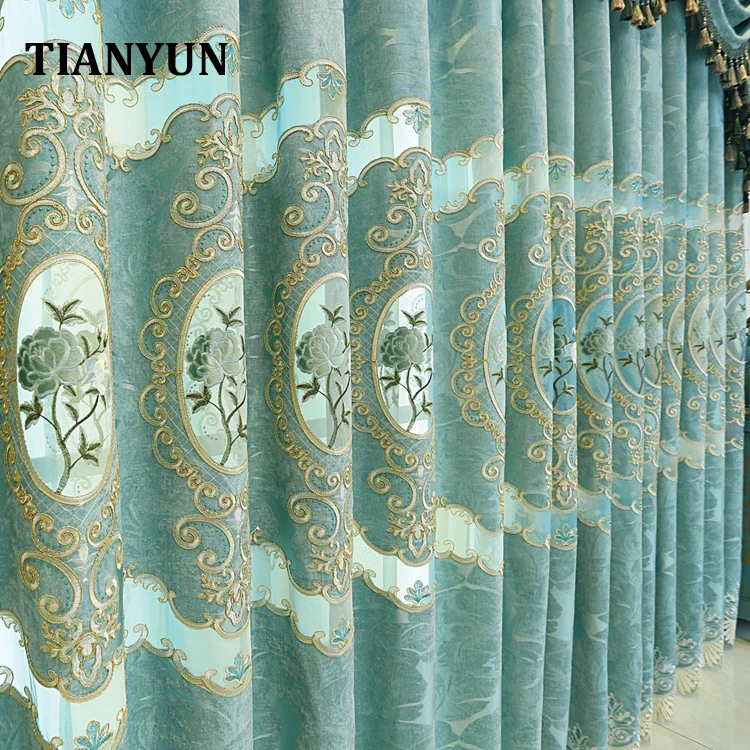Living Room Curtain Embroidered Blue Luxury European Curtain With Valance Designs House Home Office Decoration