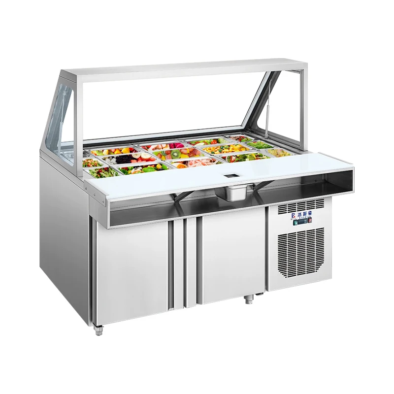 Bindos Commercial Kitchen Salad Bar Refrigerator Front Glass Display Lids Stainless Steel Pizza Preparation For Restaurant