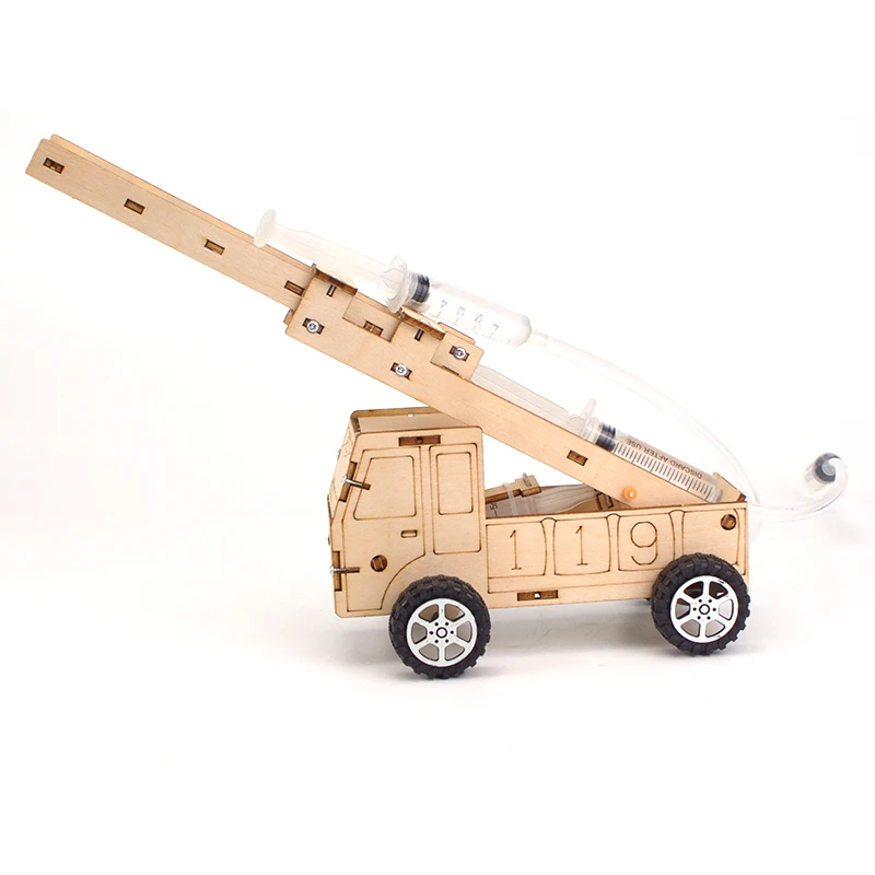DIY STEM Hydraulic wooden ladder fire truck school educational toy science assembly wooden puzzle kits Physics toys for kids