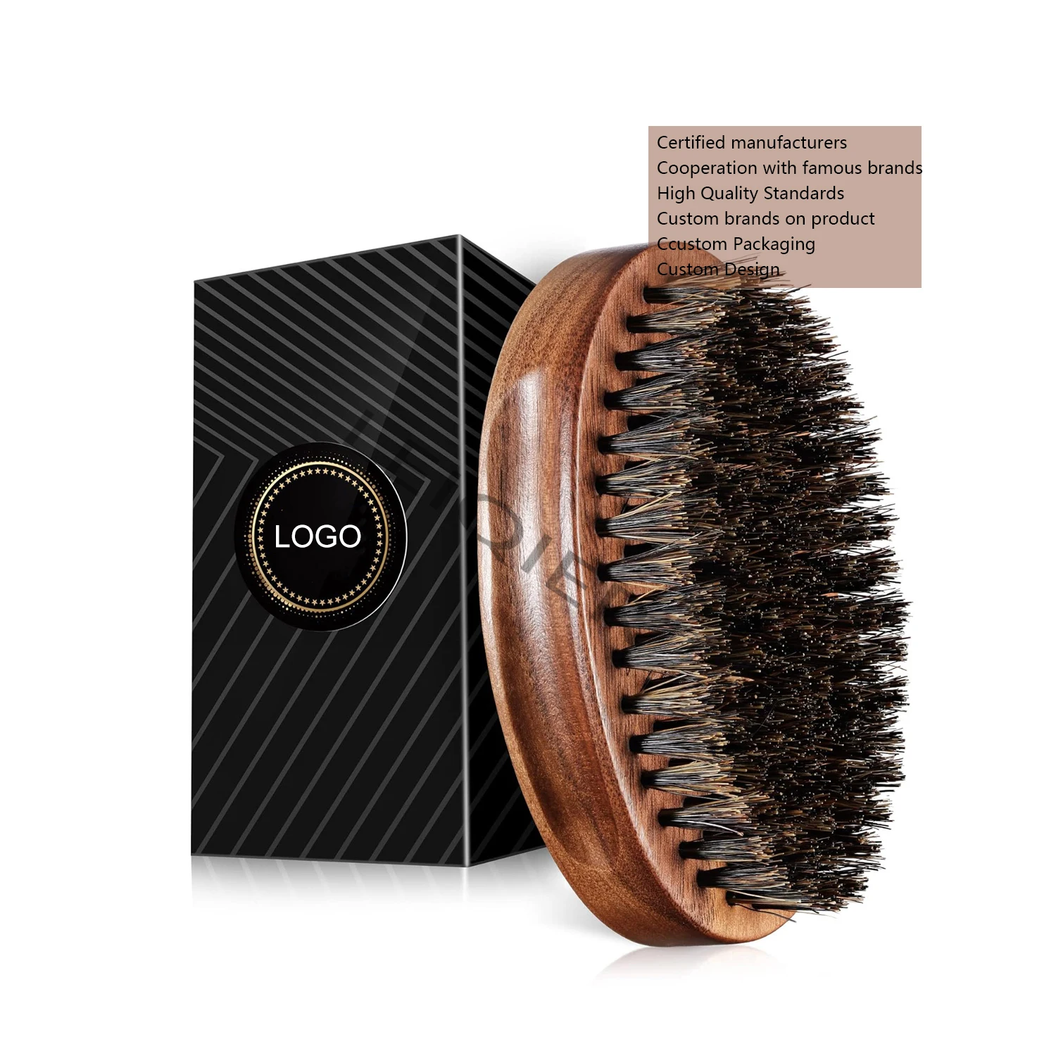 Custom Logo Beard Brush With 100% Pure Boar Bristle for Men Mustache Grooming Walnut Wood Beards Comb Untangles Your Beard