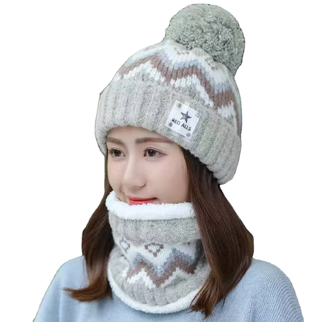 Autumn and winter hat women outdoor riding plus velvet scarf warm and windproof ear cap knitted woolen cap
